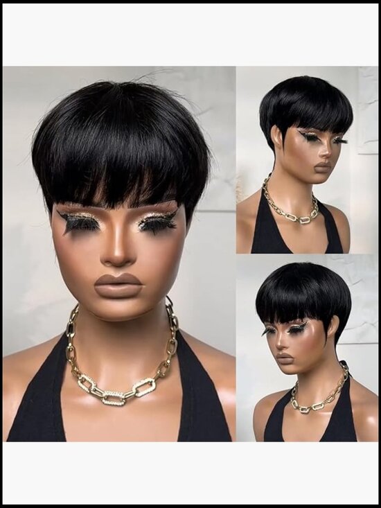 Short Pixie Cut Wig Human Hair Natural Black Straight Layered Waves Glueless main image 5